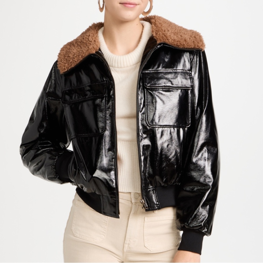 Mother The Pilot Jacket Faux Patent Leather & Sherpa Size Small